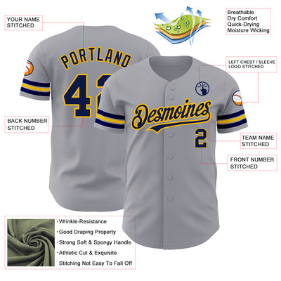 Custom Gray Navy-Gold Authentic Baseball Jersey