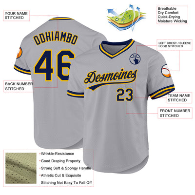 Custom Gray Navy-Gold Authentic Throwback Baseball Jersey