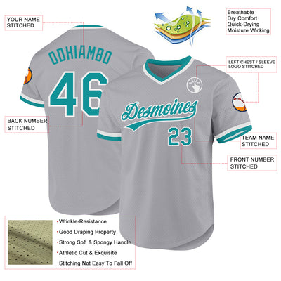 Custom Gray Teal-White Authentic Throwback Baseball Jersey