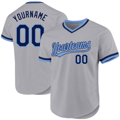 Custom Gray Navy-Light Blue Authentic Throwback Baseball Jersey