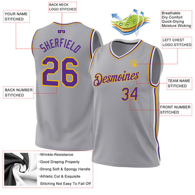 Custom Gray Purple-Gold Authentic Throwback Basketball Jersey