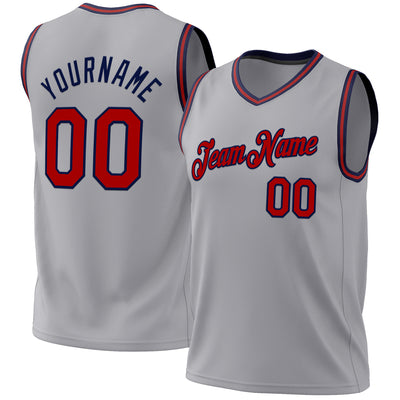 Custom Gray Red-Navy Authentic Throwback Basketball Jersey