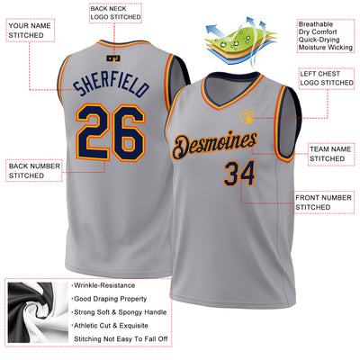 Custom Gray Navy Gold-Orange Authentic Throwback Basketball Jersey