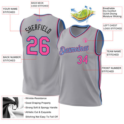 Custom Gray Pink Black-Light Blue Authentic Throwback Basketball Jersey