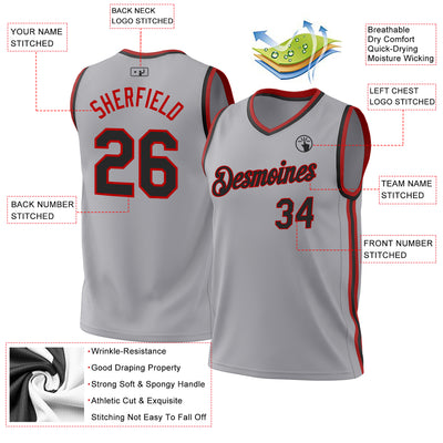 Custom Gray Black-Red Authentic Throwback Basketball Jersey