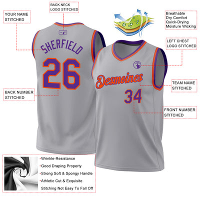 Custom Gray Purple-Orange Authentic Throwback Basketball Jersey