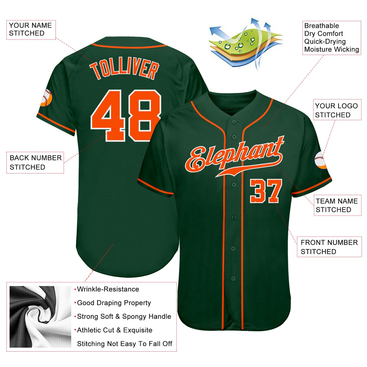 Custom Green Orange-White Authentic Baseball Jersey