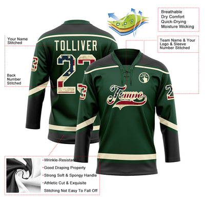 Custom Green Vintage USA Flag Black-Cream Hockey Lace Neck Jersey