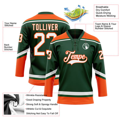 Custom Green White-Orange Hockey Lace Neck Jersey