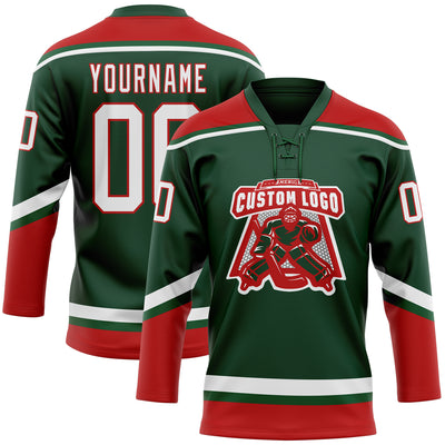 Custom Green White-Red Hockey Lace Neck Jersey