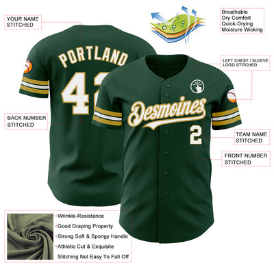 Custom Green White-Old Gold Authentic Baseball Jersey