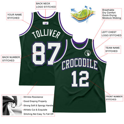 Custom Hunter Green White-Purple Authentic Throwback Basketball Jersey