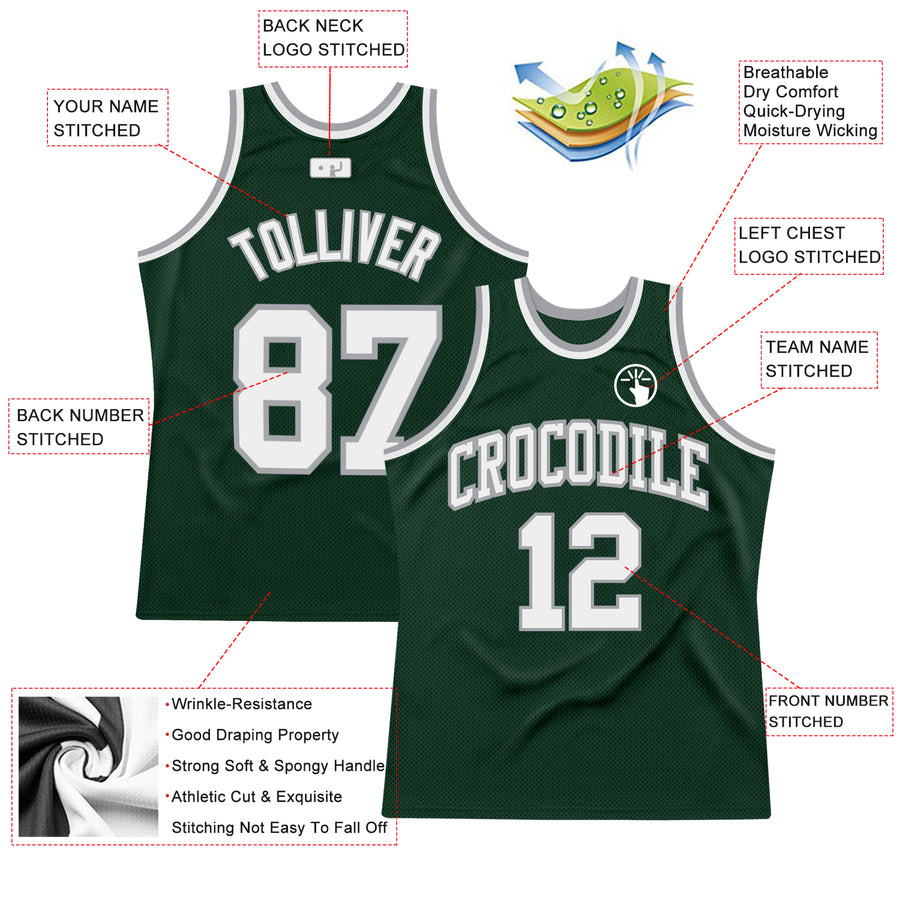 Custom Hunter Green White-Gray Authentic Throwback Basketball Jersey