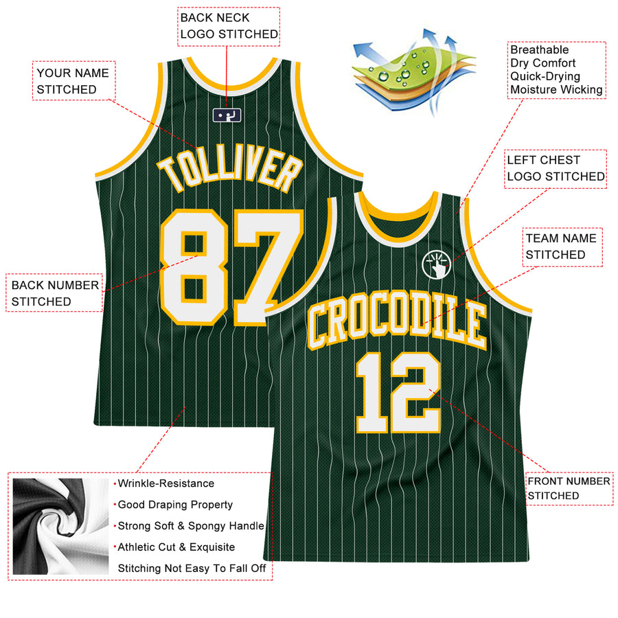 Custom Hunter Green White Pinstripe White-Gold Authentic Basketball Jersey