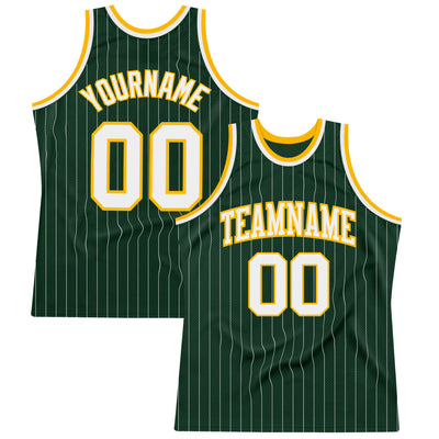 Custom Hunter Green White Pinstripe White-Gold Authentic Basketball Jersey