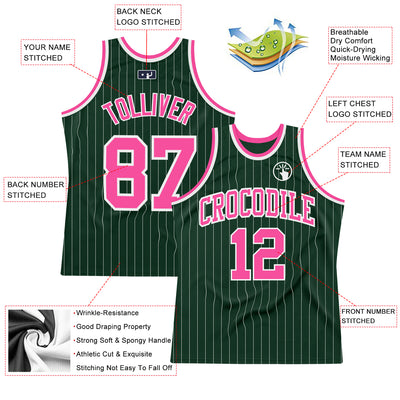 Custom Hunter Green White Pinstripe Pink Authentic Basketball Jersey