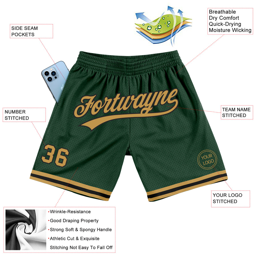 Custom Hunter Green Old Gold-Black Authentic Throwback Basketball Shorts