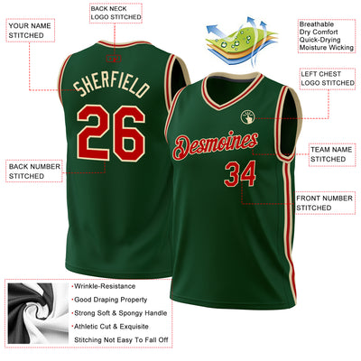 Custom Hunter Green Red-Cream Authentic Throwback Basketball Jersey