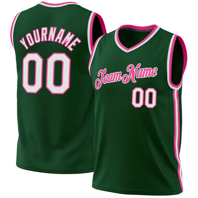 Custom Hunter Green White-Pink Authentic Throwback Basketball Jersey