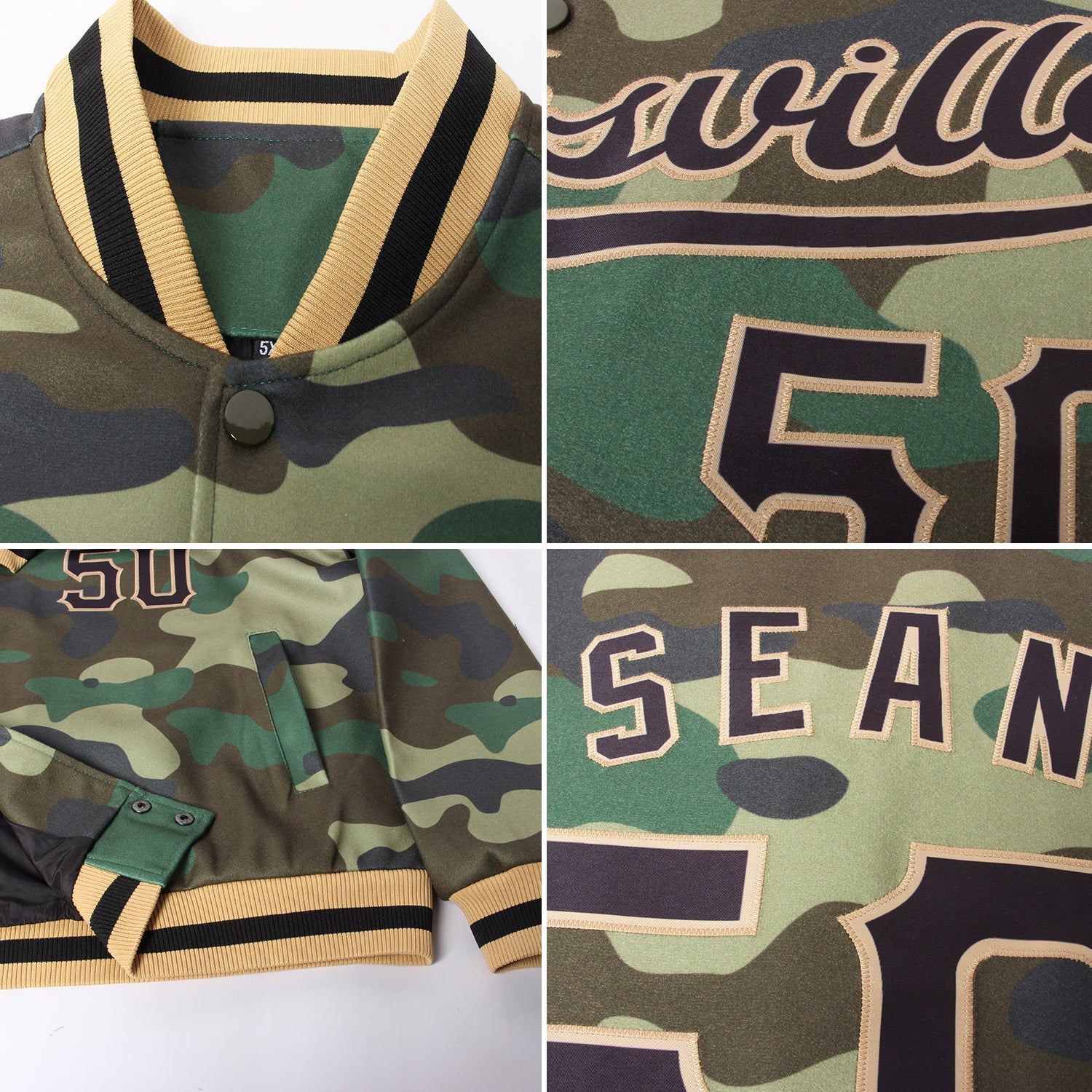 Custom Camo Black-Old Gold Bomber Full-Snap Varsity Letterman Salute To Service Jacket