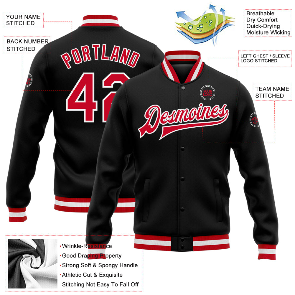 Custom Black Red-White Bomber Full-Snap Varsity Letterman Jacket