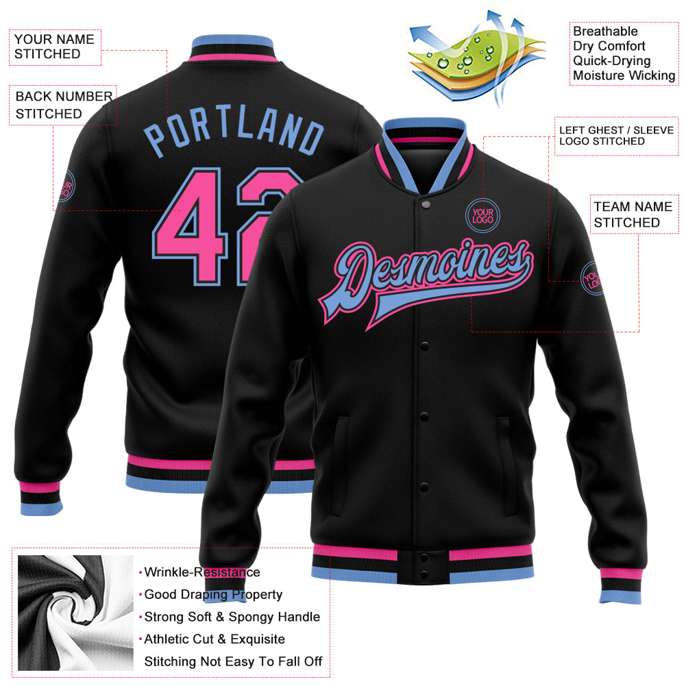 Custom Black Pink-Light Blue Bomber Full-Snap Varsity Letterman Jacket