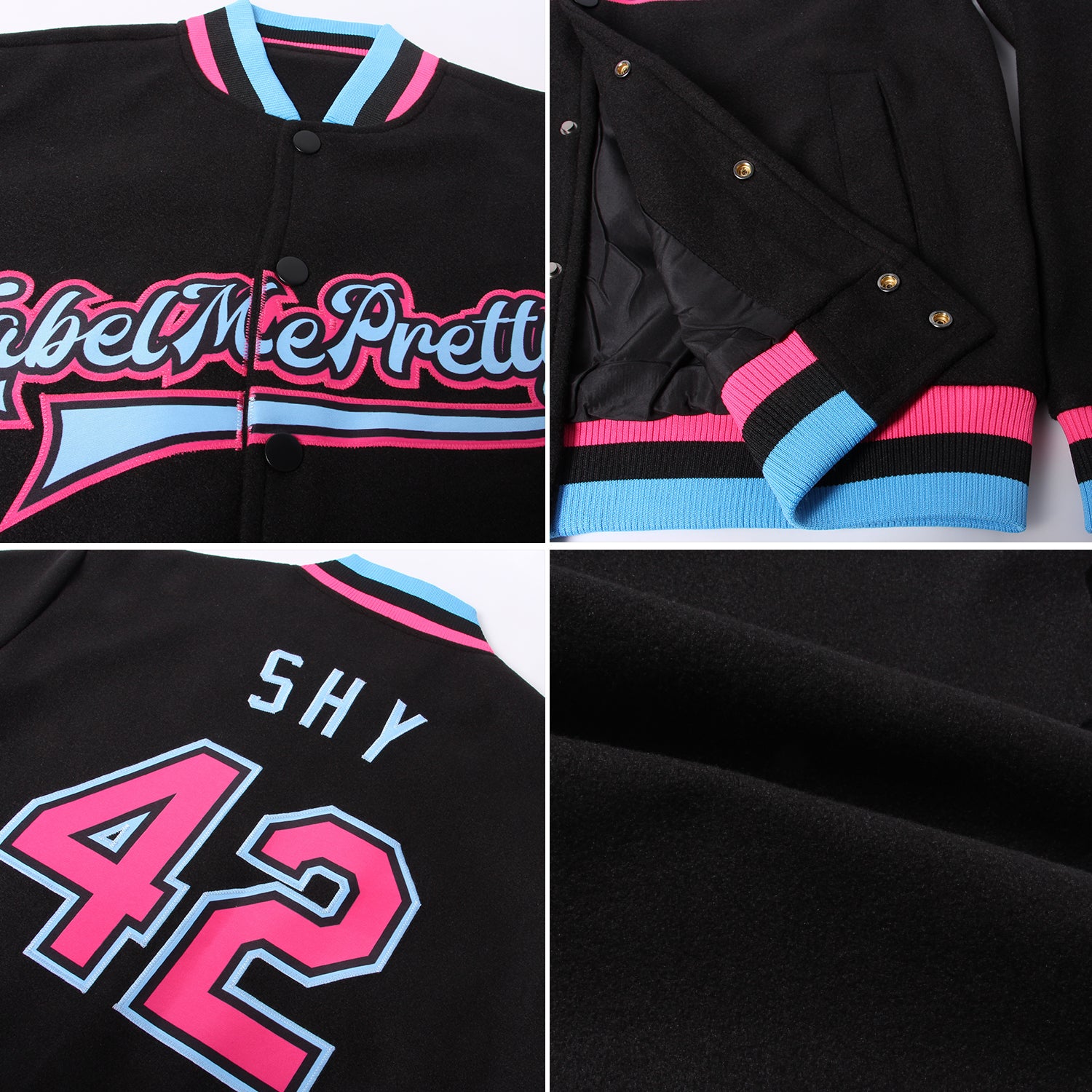 Custom Varsity Letterman Jacket White Black Pinstripe Light Blue Bomber Full-Snap Men's Size:L