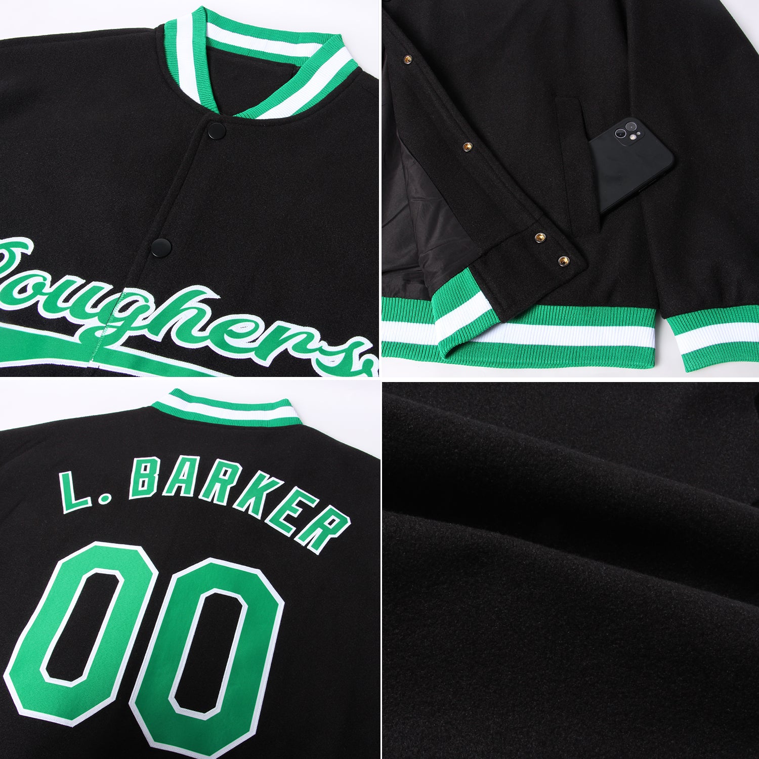 Custom Black Kelly Green-White Bomber Full-Snap Varsity Letterman Jacket