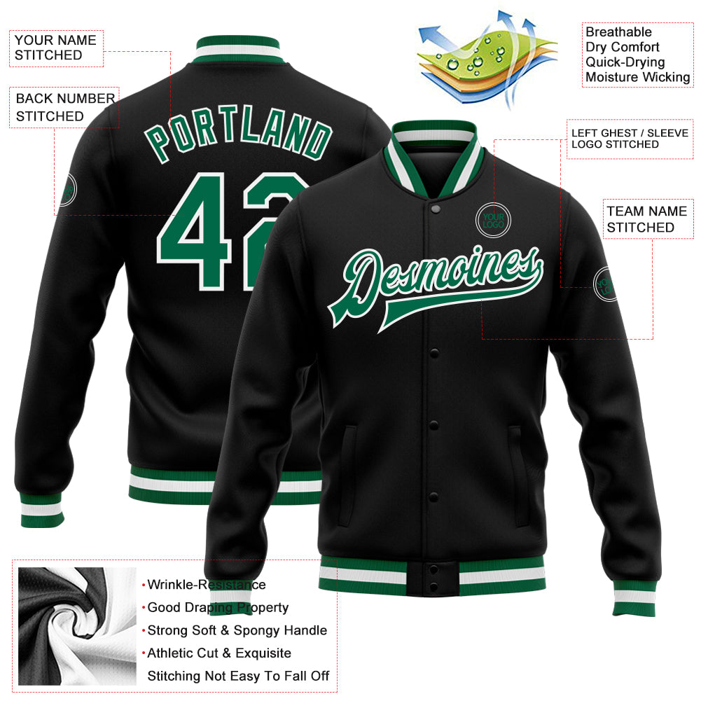 Custom Black Kelly Green-White Bomber Full-Snap Varsity Letterman Jacket