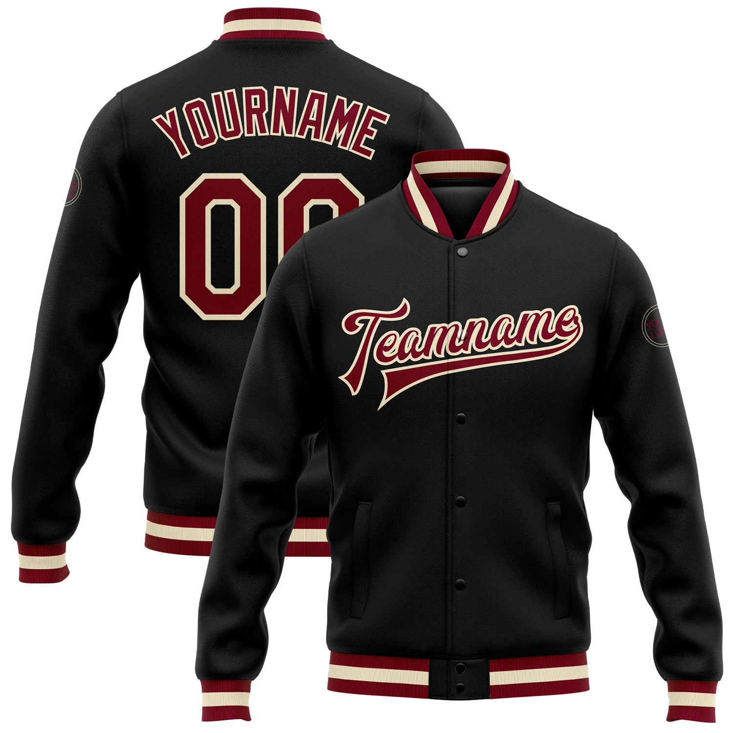 Custom Black Maroon-Cream Bomber Full-Snap Varsity Letterman Jacket