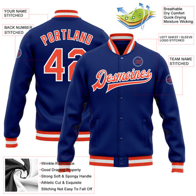 Custom Royal Orange-White Bomber Full-Snap Varsity Letterman Jacket