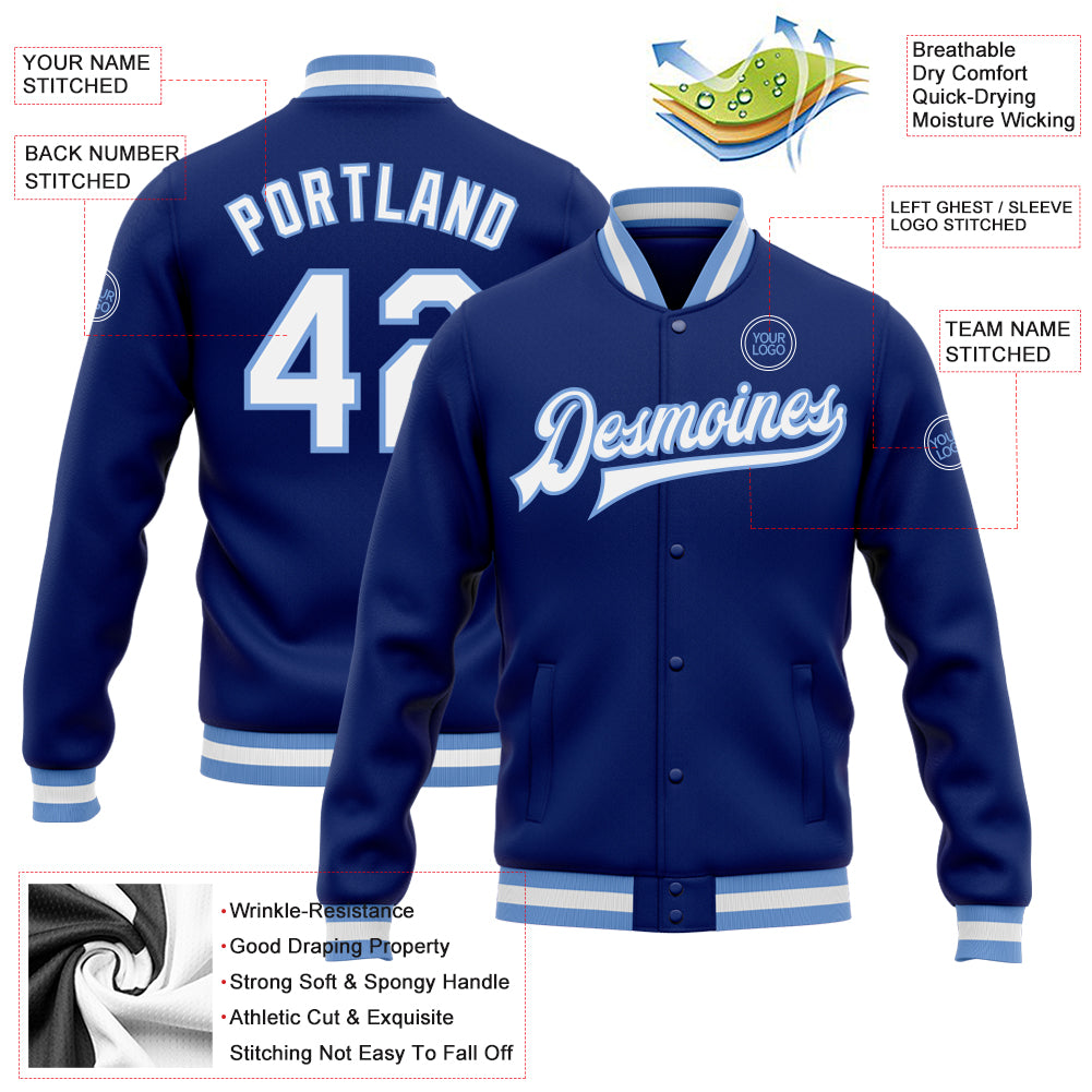 Custom Royal White-Light Blue Bomber Full-Snap Varsity Letterman Jacket