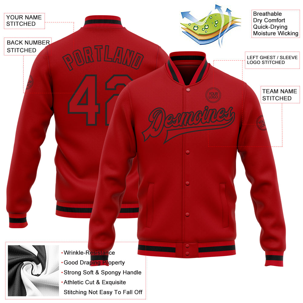 Custom Red Red-Black Bomber Full-Snap Varsity Letterman Jacket