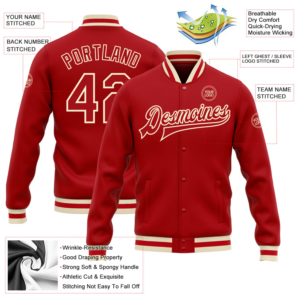 Custom Red Red-Cream Bomber Full-Snap Varsity Letterman Jacket