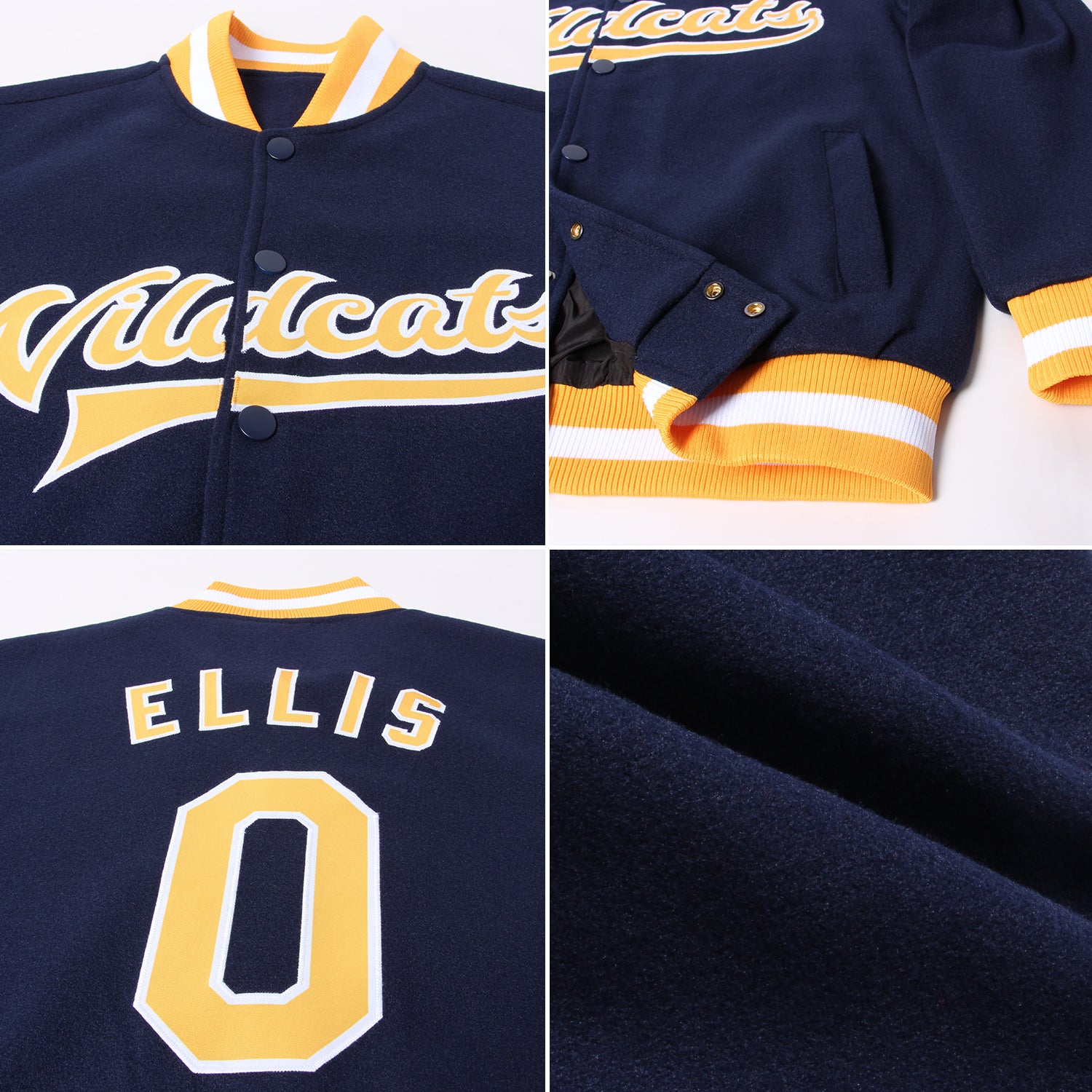 Custom Navy Gold-White Bomber Full-Snap Varsity Letterman Jacket