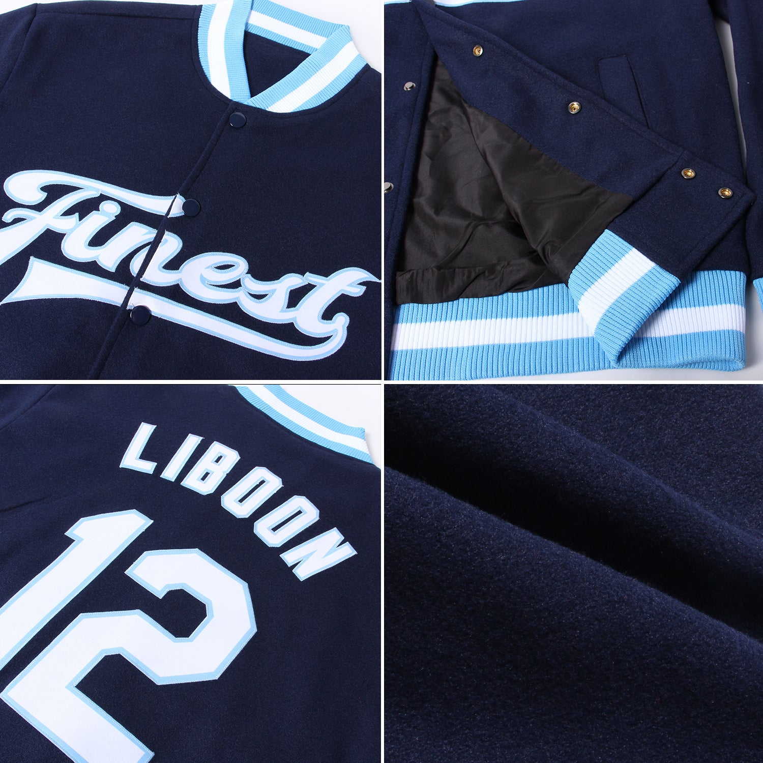 Custom Navy White-Light Blue Bomber Full-Snap Varsity Letterman Jacket