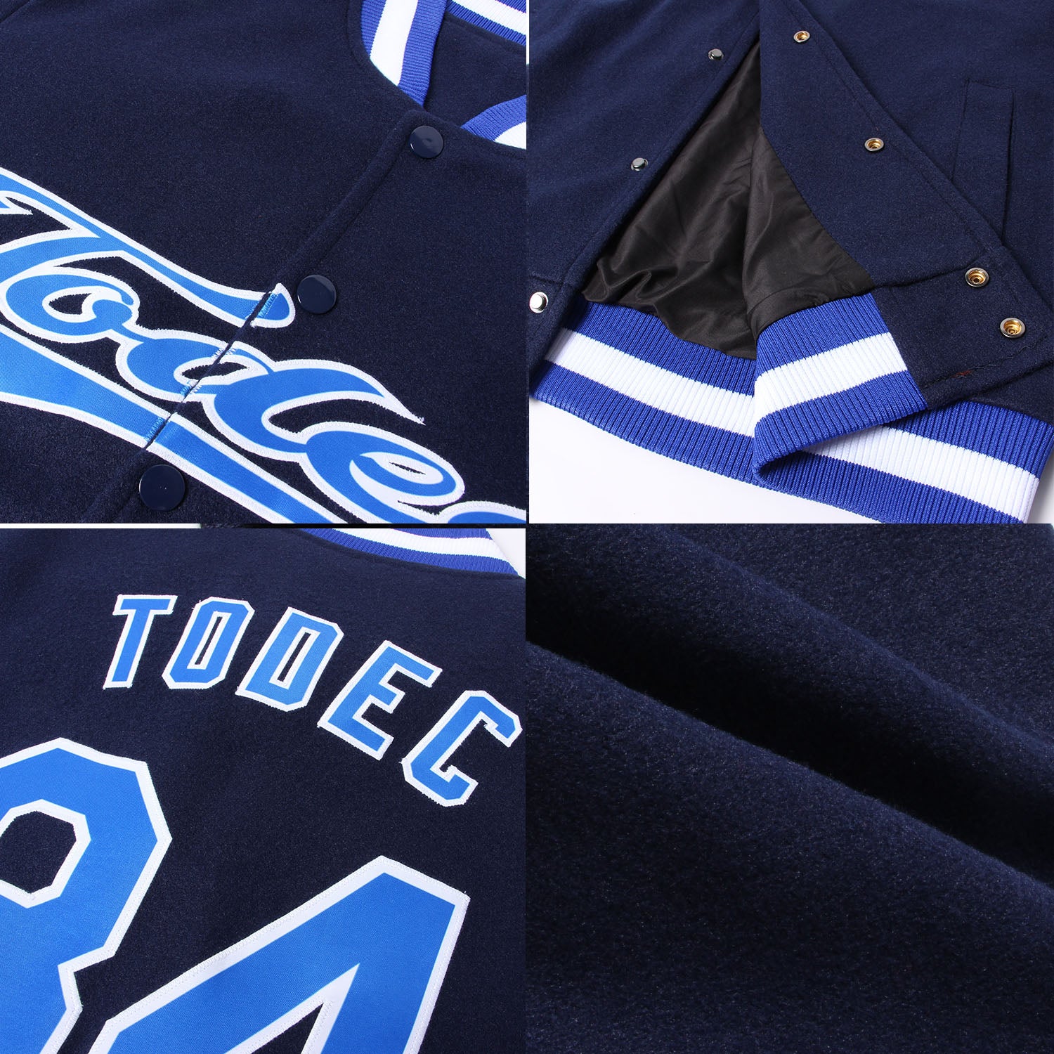 Custom Navy Royal-White Bomber Full-Snap Varsity Letterman Jacket