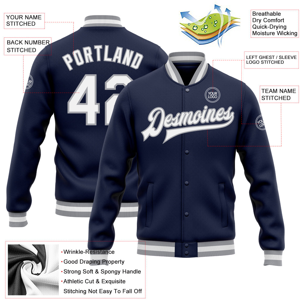 Custom Navy White-Gray Bomber Full-Snap Varsity Letterman Jacket