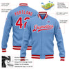 Custom Light Blue Red-White Bomber Full-Snap Varsity Letterman Jacket