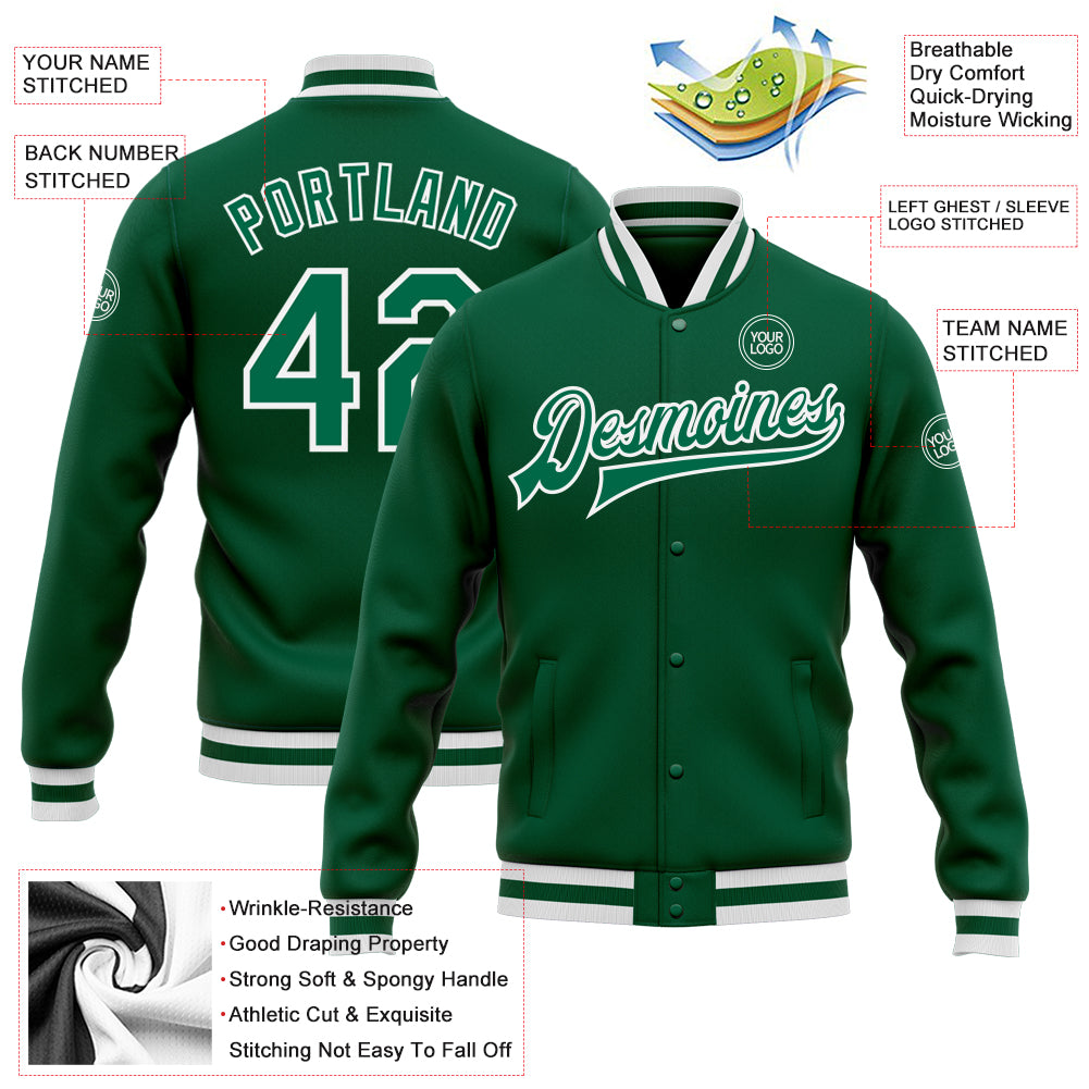 Custom Kelly Green Kelly Green-White Bomber Full-Snap Varsity Letterman Jacket