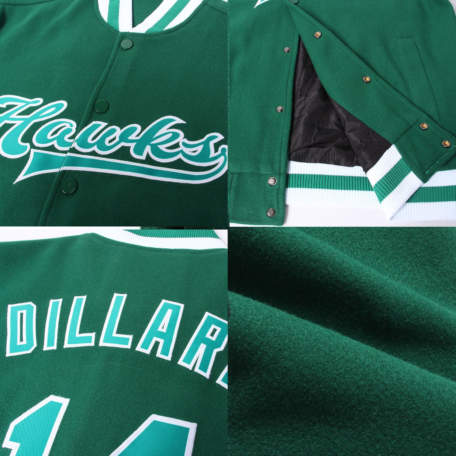 Custom Kelly Green Kelly Green-White Bomber Full-Snap Varsity Letterman Jacket