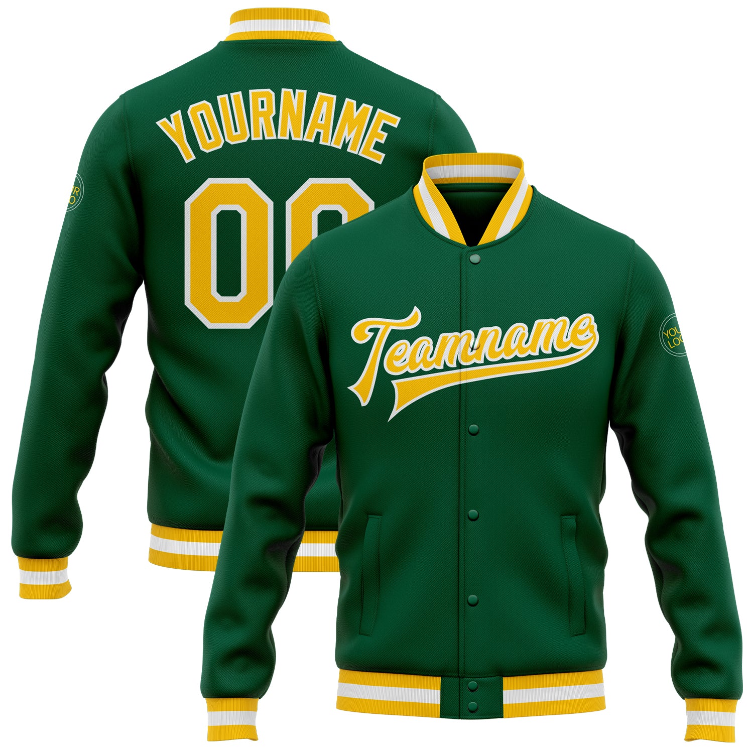 Custom Kelly Green Gold-White Bomber Full-Snap Varsity Letterman Jacket