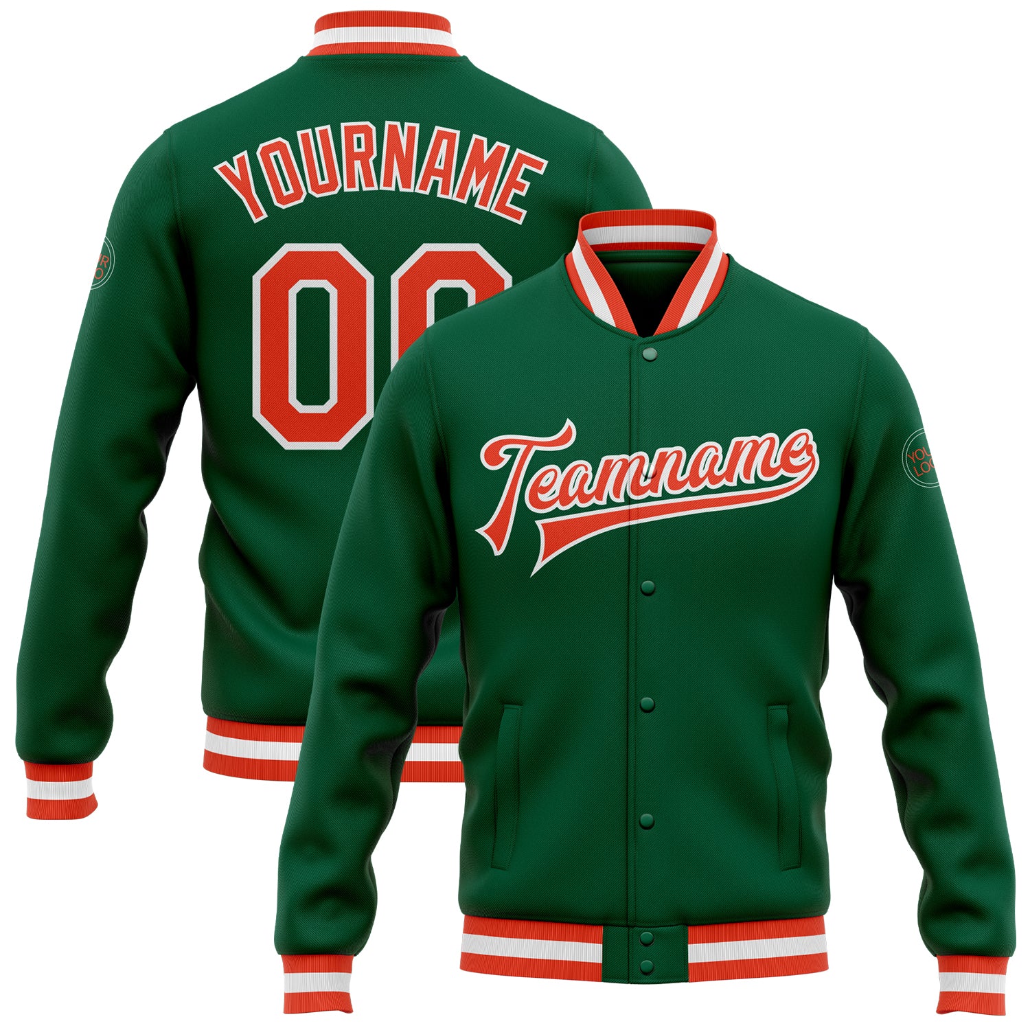 Custom Kelly Green Orange-White Bomber Full-Snap Varsity Letterman Jacket