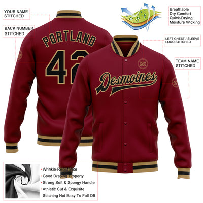 Custom Crimson Black-Old Gold Bomber Full-Snap Varsity Letterman Jacket