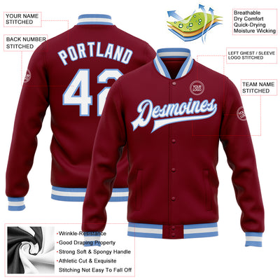 Custom Crimson White-Light Blue Bomber Full-Snap Varsity Letterman Jacket