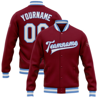 Custom Crimson White-Light Blue Bomber Full-Snap Varsity Letterman Jacket