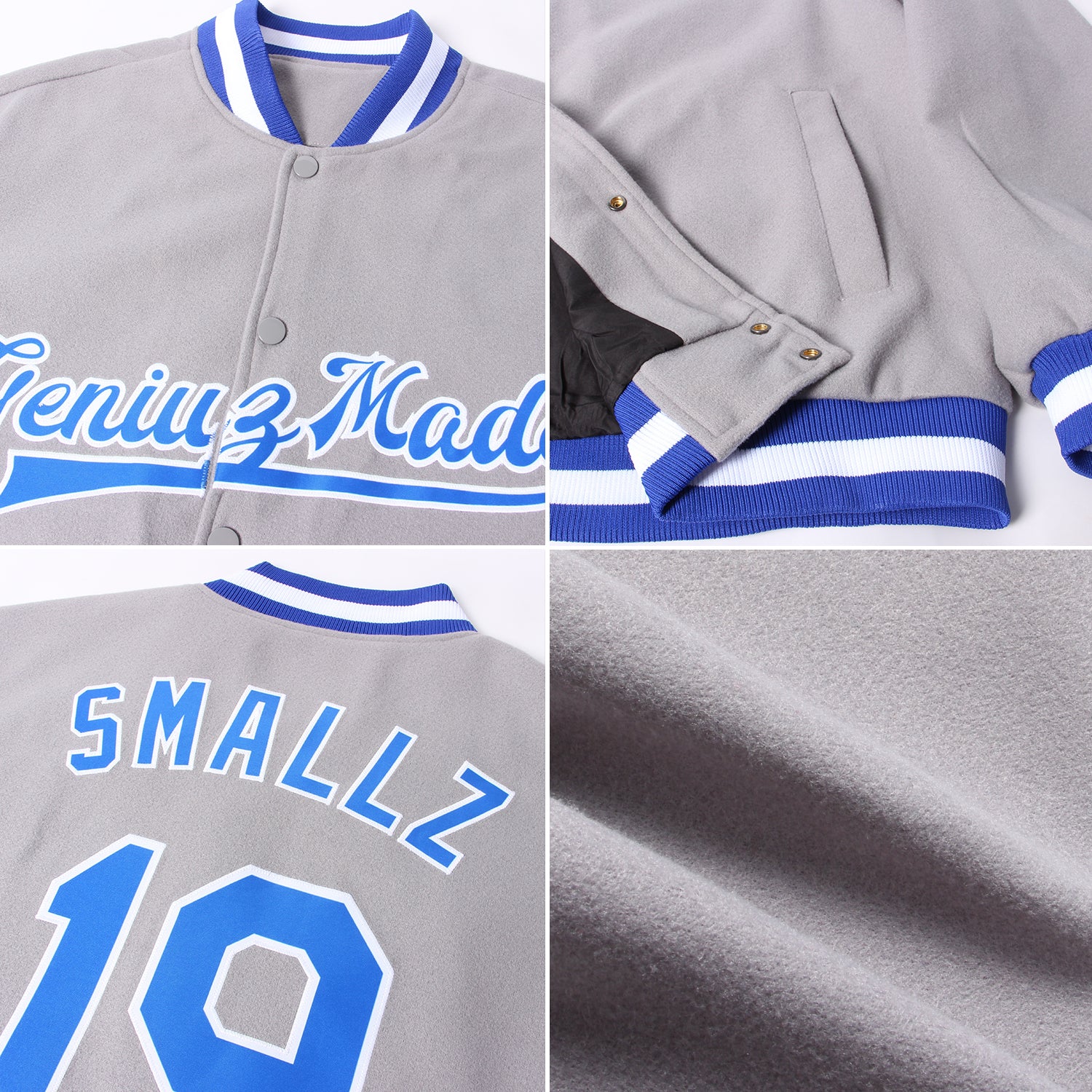 Custom Gray Royal-White Bomber Full-Snap Varsity Letterman Jacket