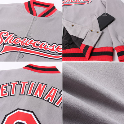 Custom Gray Red White-Black Bomber Full-Snap Varsity Letterman Jacket