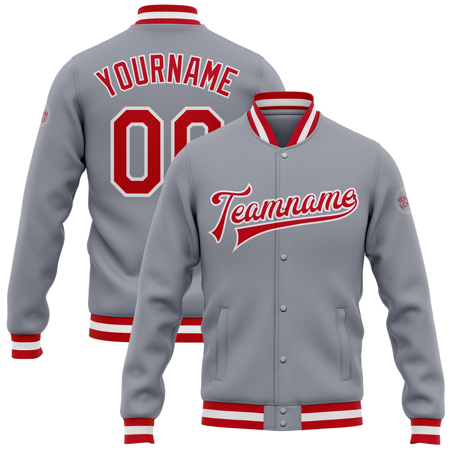 Custom Gray Red-White Bomber Full-Snap Varsity Letterman Jacket