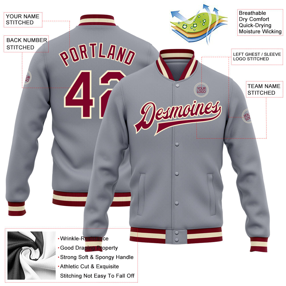 Custom Gray Maroon-Cream Bomber Full-Snap Varsity Letterman Jacket